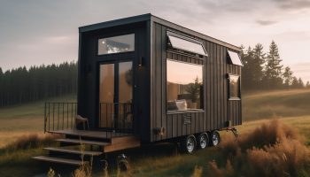 A photo of a modern tiny house on wheels parked in a picturesque location, promoting a minimalist and nomadic lifestyle that's eco-friendly and space-efficient.